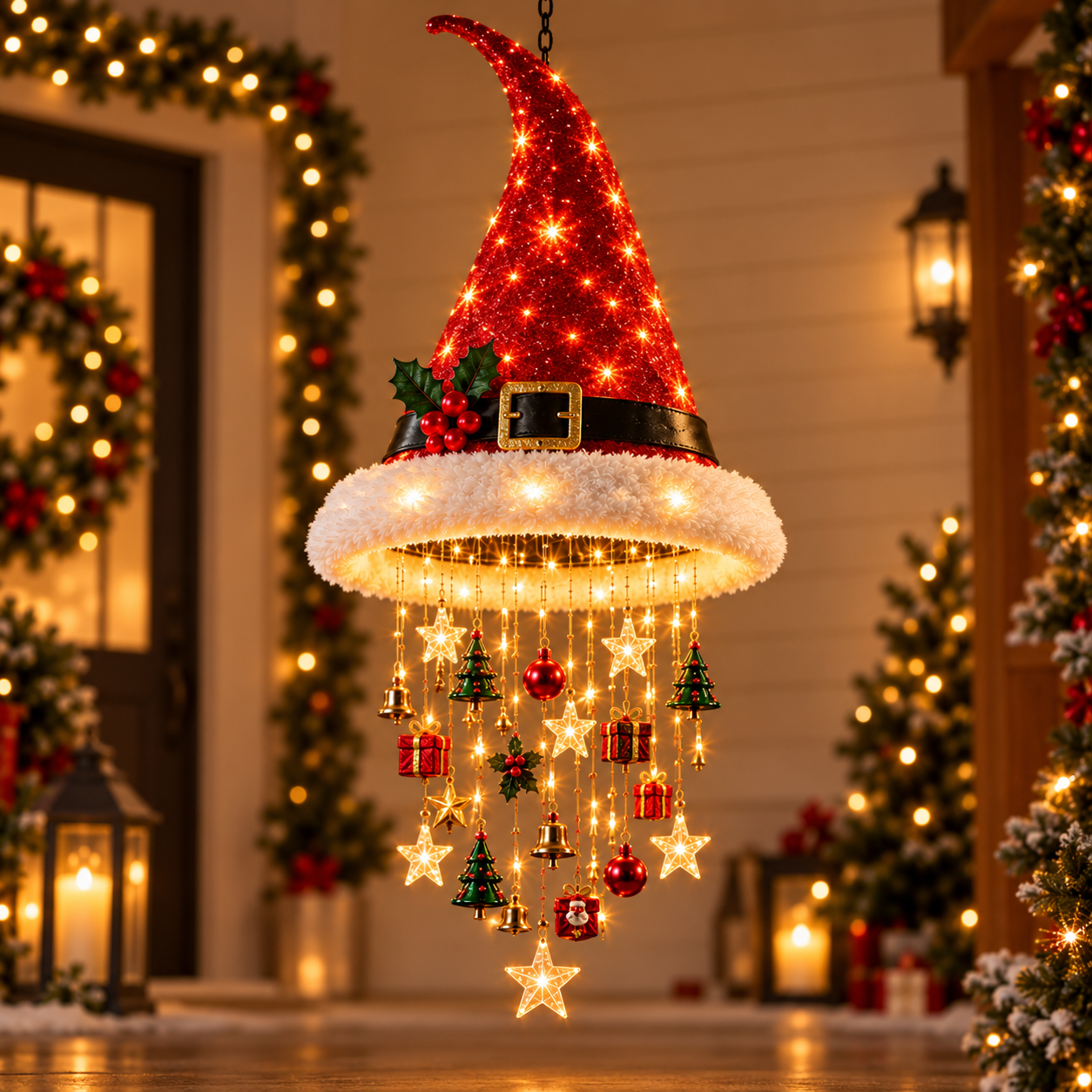 🎄✨Christmas Hat Hanging Chandelier Light with Festive Ornaments