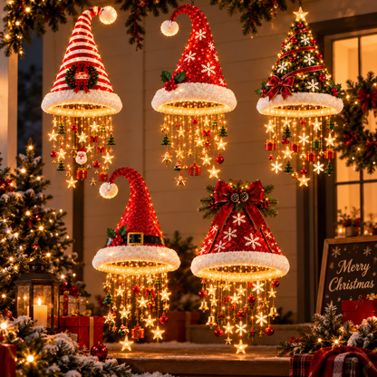 🎄✨Christmas Hat Hanging Chandelier Light with Festive Ornaments