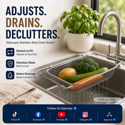 🥬 Expandable Sink Drain Basket – 304 Stainless Steel Over-Sink Strainer
