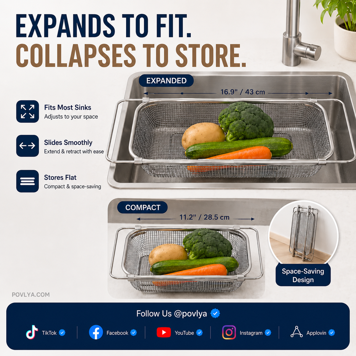 🥬 Expandable Sink Drain Basket – 304 Stainless Steel Over-Sink Strainer