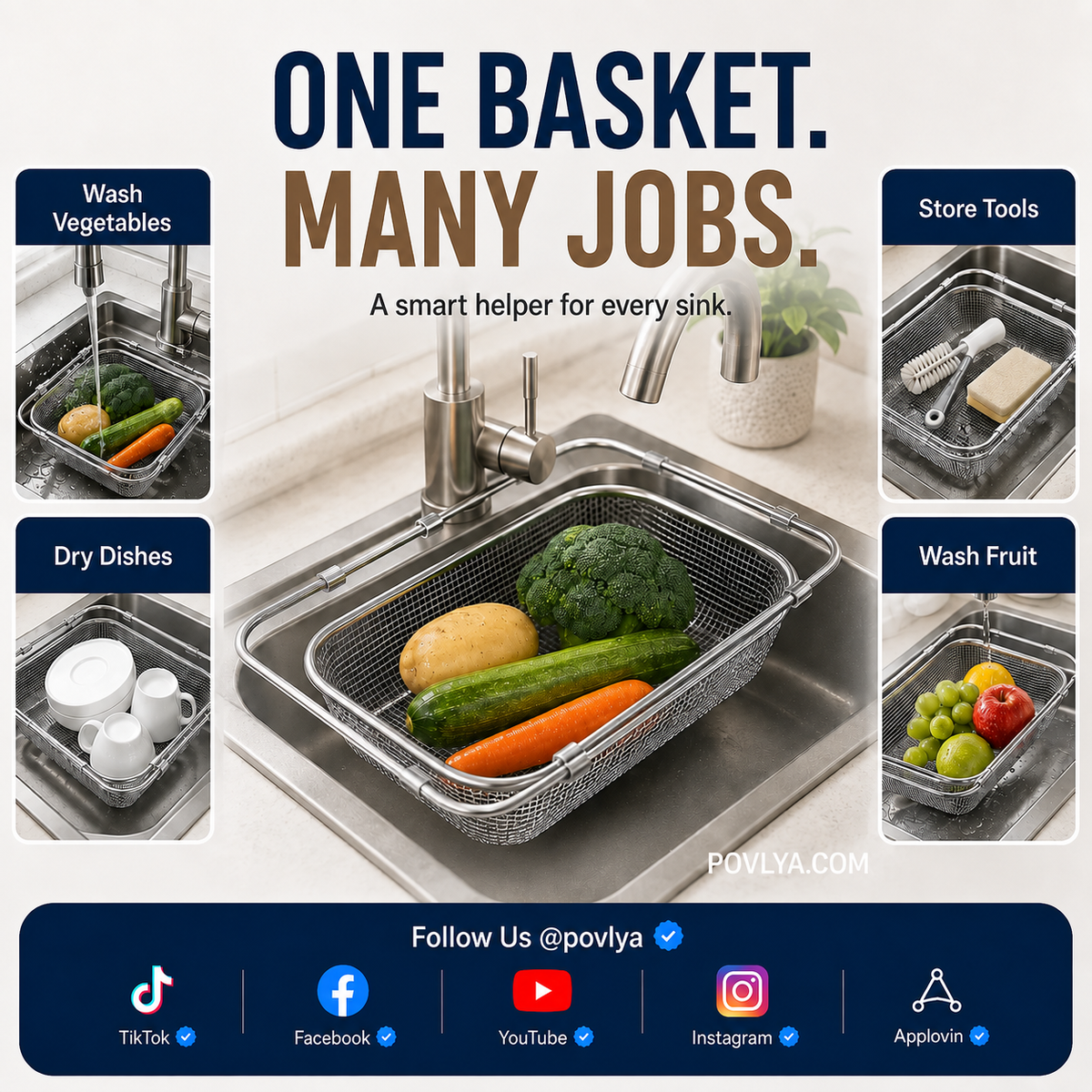 🥬 Expandable Sink Drain Basket – 304 Stainless Steel Over-Sink Strainer