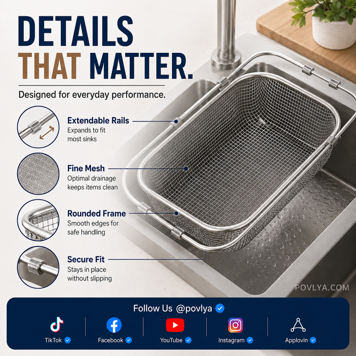 🥬 Expandable Sink Drain Basket – 304 Stainless Steel Over-Sink Strainer