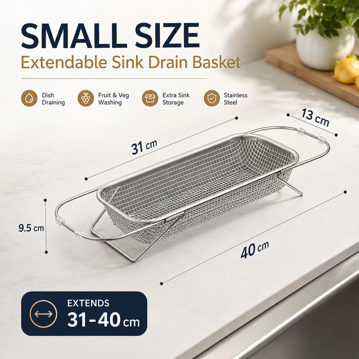 🥬 Expandable Sink Drain Basket – 304 Stainless Steel Over-Sink Strainer