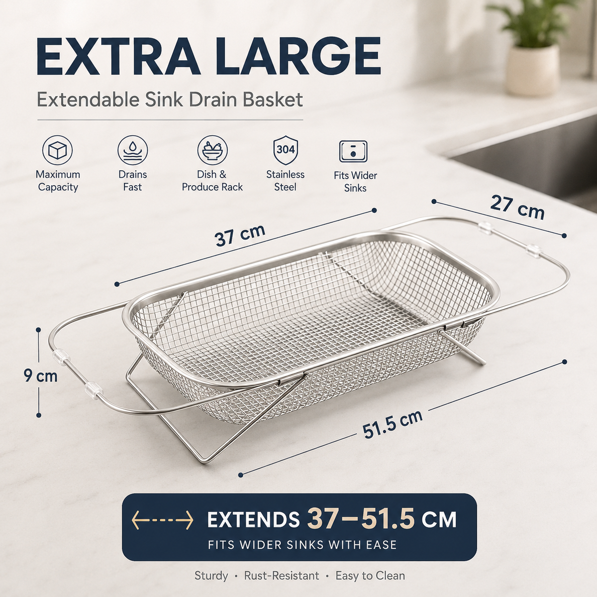 🥬 Expandable Sink Drain Basket – 304 Stainless Steel Over-Sink Strainer