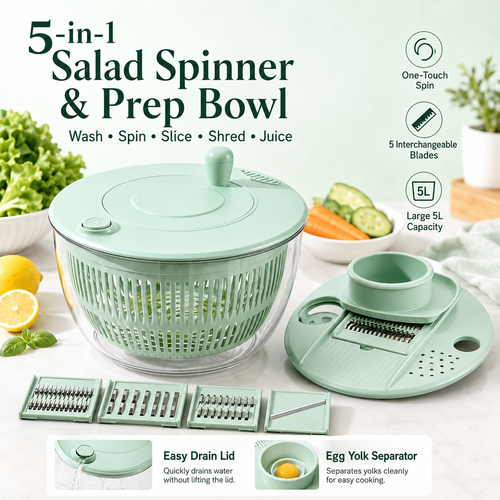 🥗 5-in-1 Salad Spinner Prep Bowl – Vegetable Washer & Slicer Set