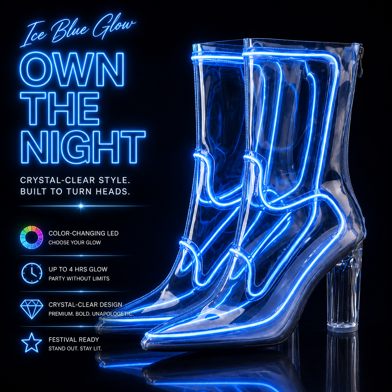 🌈 Color-Changing LED Cowboy Ankle Boots – Transparent Glow Boots