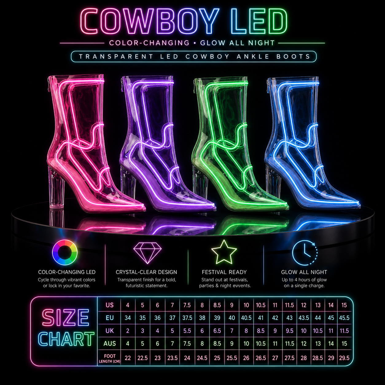 🌈 Color-Changing LED Cowboy Ankle Boots – Transparent Glow Boots