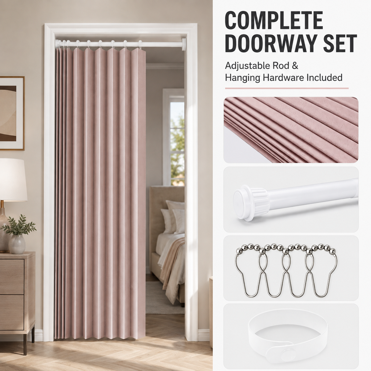🚪 No-Drill Pleated Accordion Door Curtain with Tension Rod