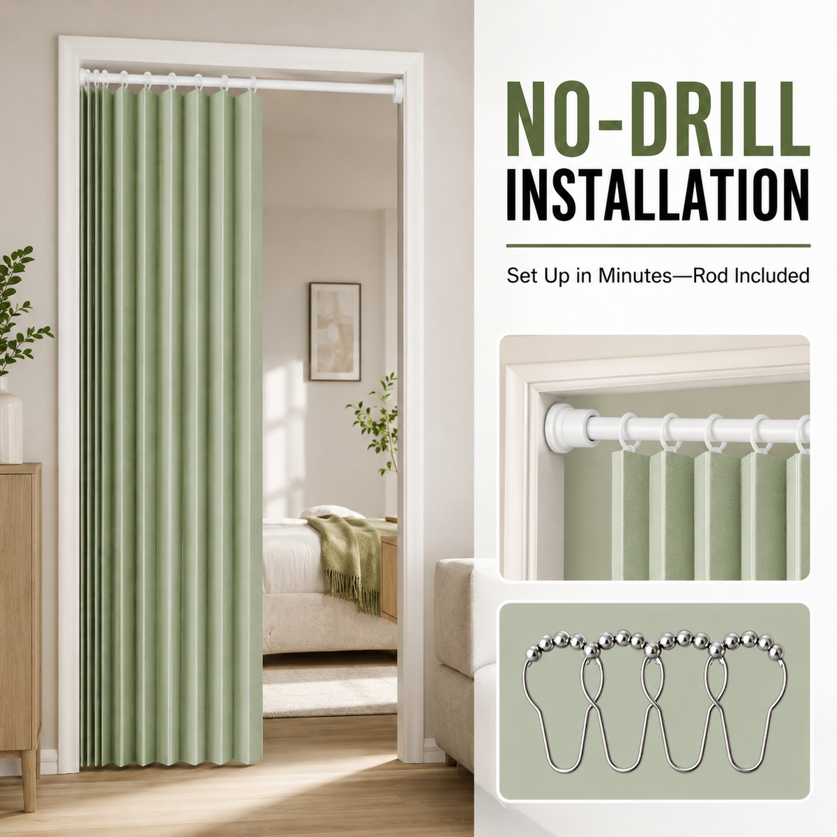 🚪 No-Drill Pleated Accordion Door Curtain with Tension Rod