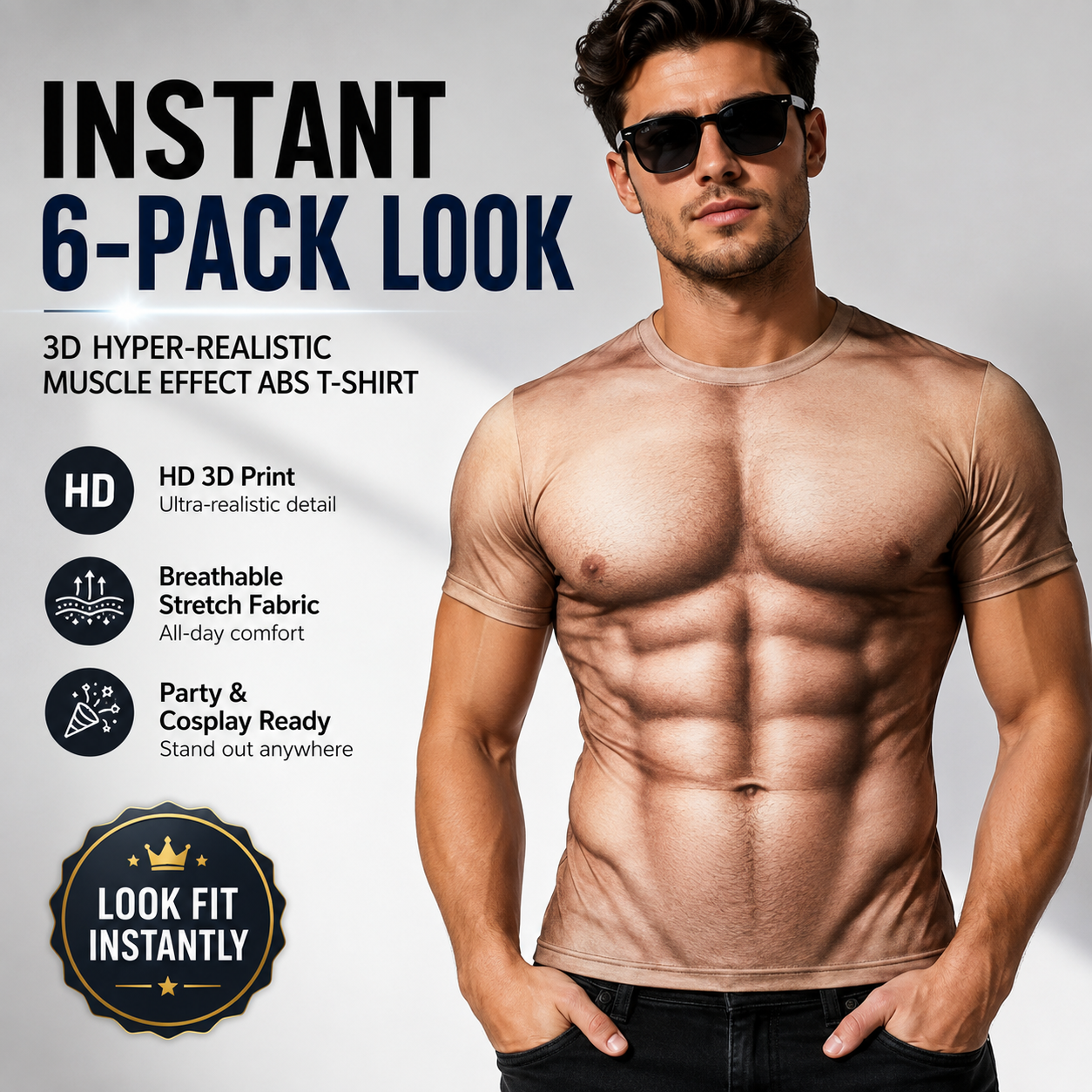 💪 3D Muscle Print T-Shirt – Funny Abs Graphic Party Tee