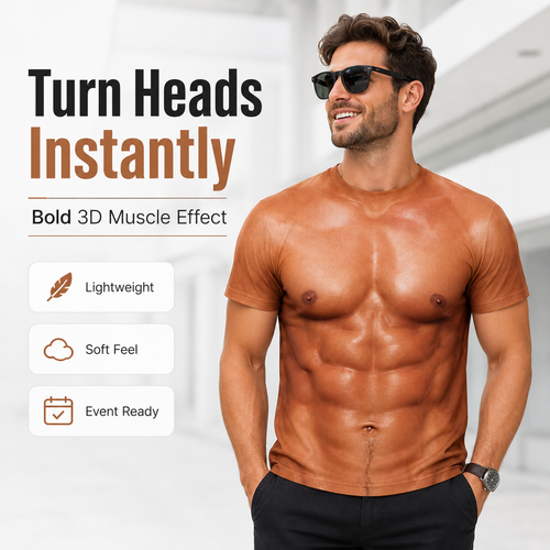 💪 3D Muscle Print T-Shirt – Funny Abs Graphic Party Tee