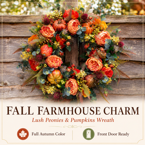 🍂 Peony Pumpkin Fall Wreath – 24in Farmhouse Front Door Decor