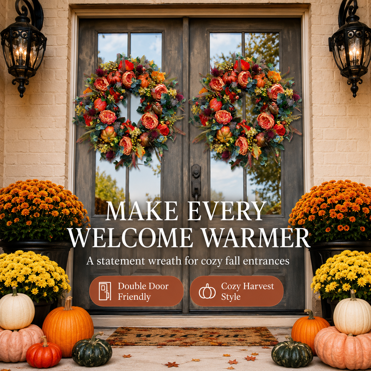 🍂 Peony Pumpkin Fall Wreath – 24in Farmhouse Front Door Decor