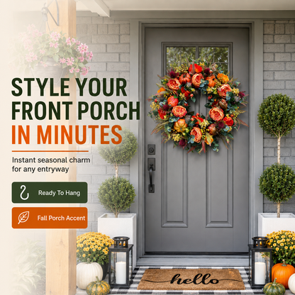 🍂 Peony Pumpkin Fall Wreath – 24in Farmhouse Front Door Decor