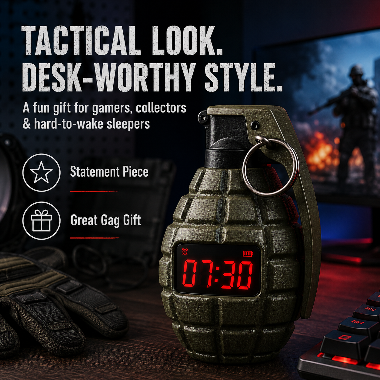 💣 Tactical Grenade Alarm Clock | Loud Interactive Alarm for Heavy Sleepers