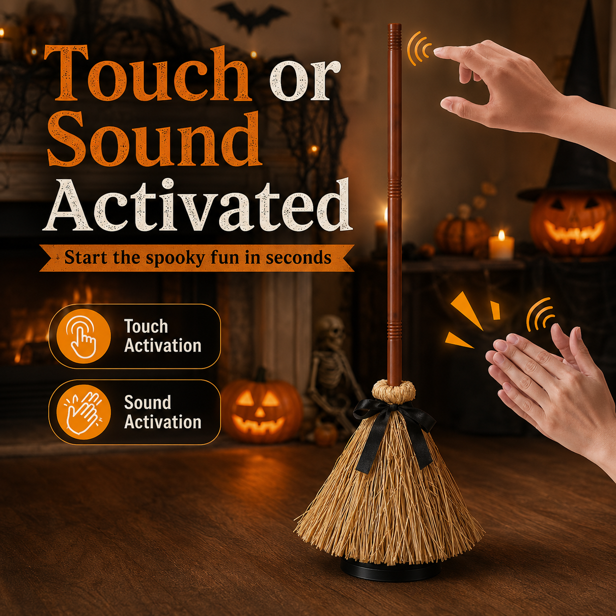 🧙‍♀️🪄 Animated Floating Witch Broom Halloween Decor | Sound & Touch Activated🧹