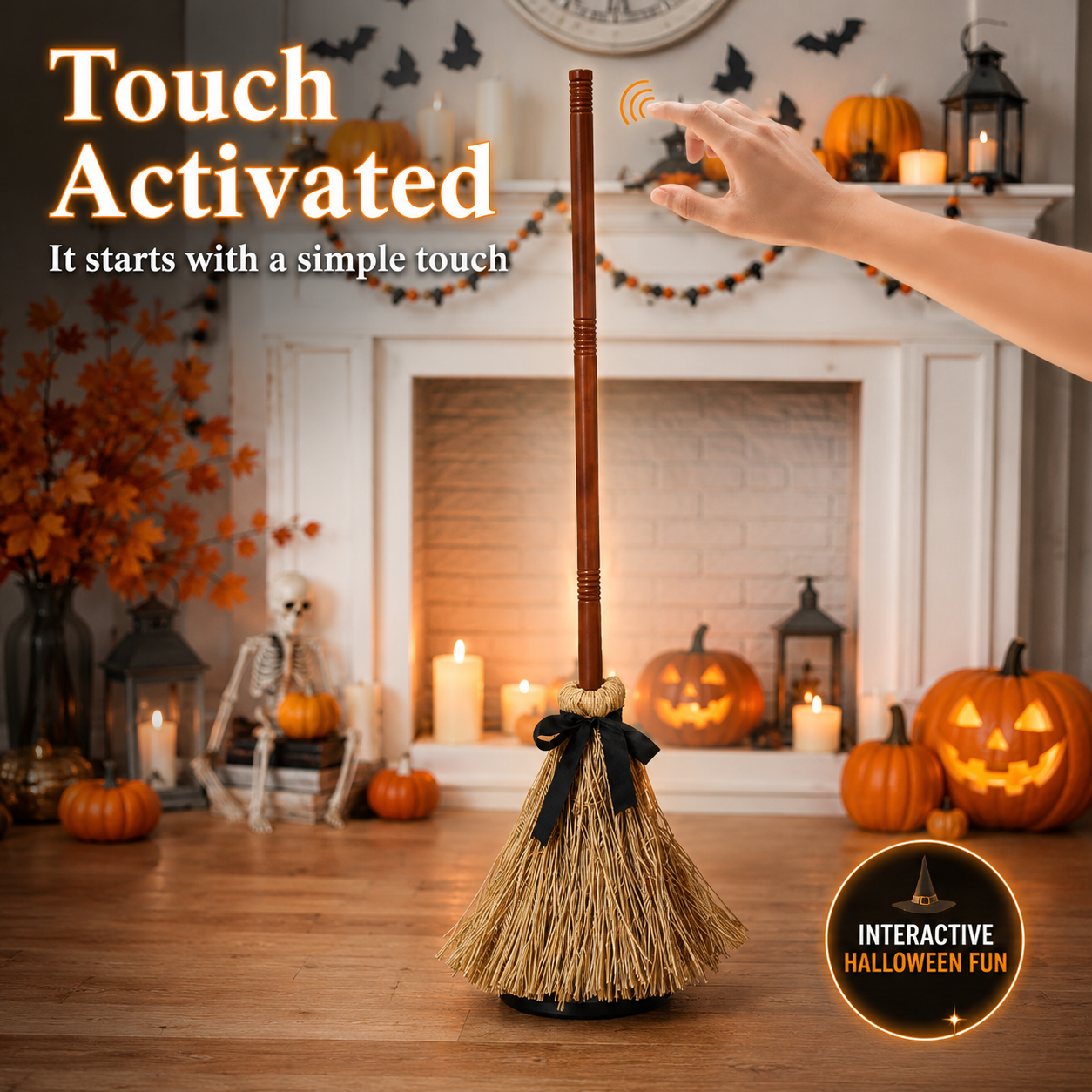 🧙‍♀️🪄 Animated Floating Witch Broom Halloween Decor | Sound & Touch Activated🧹