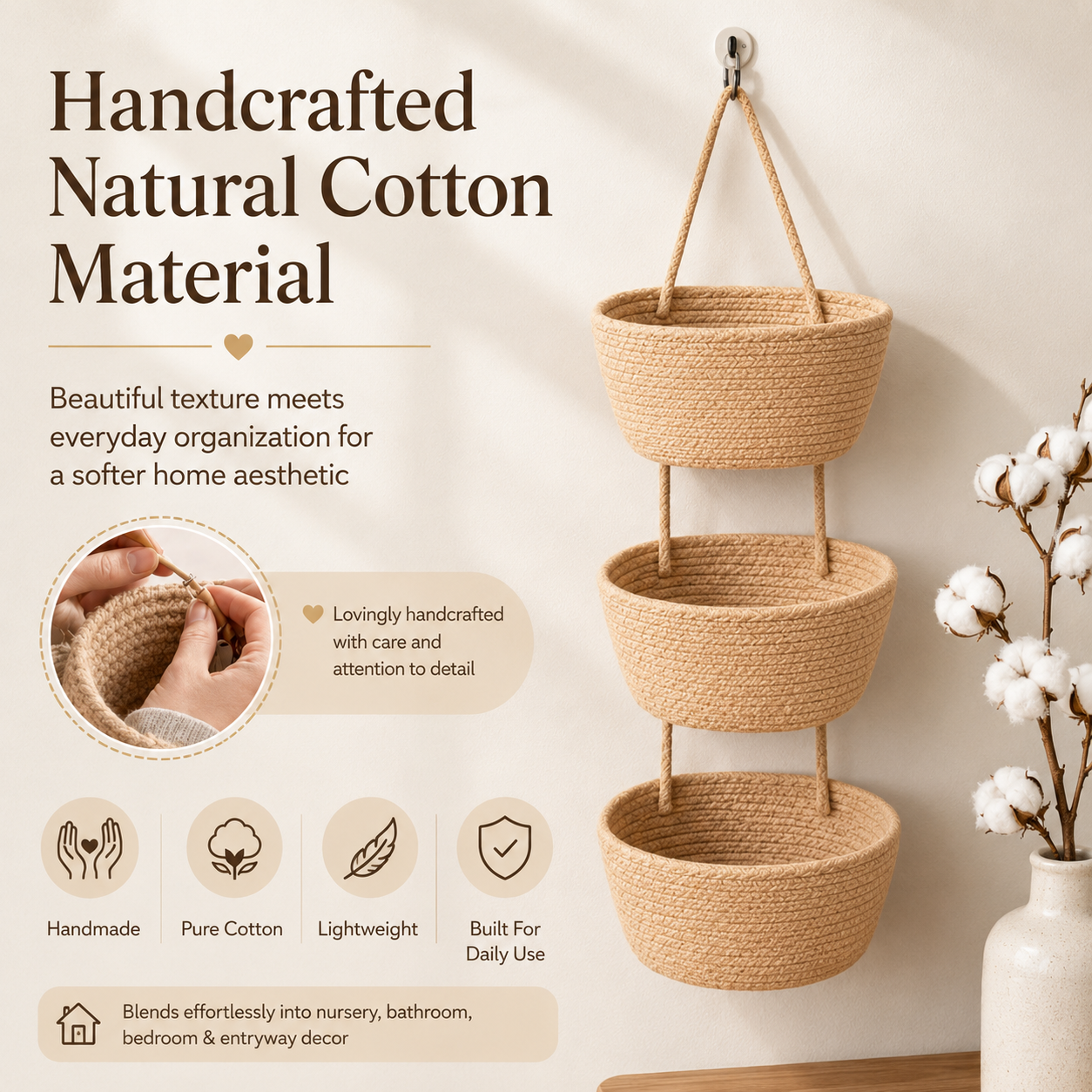 🔥 Woven Cotton Hanging Storage Baskets – A Beautiful Space-Saving Organizer For Every Room 🧺