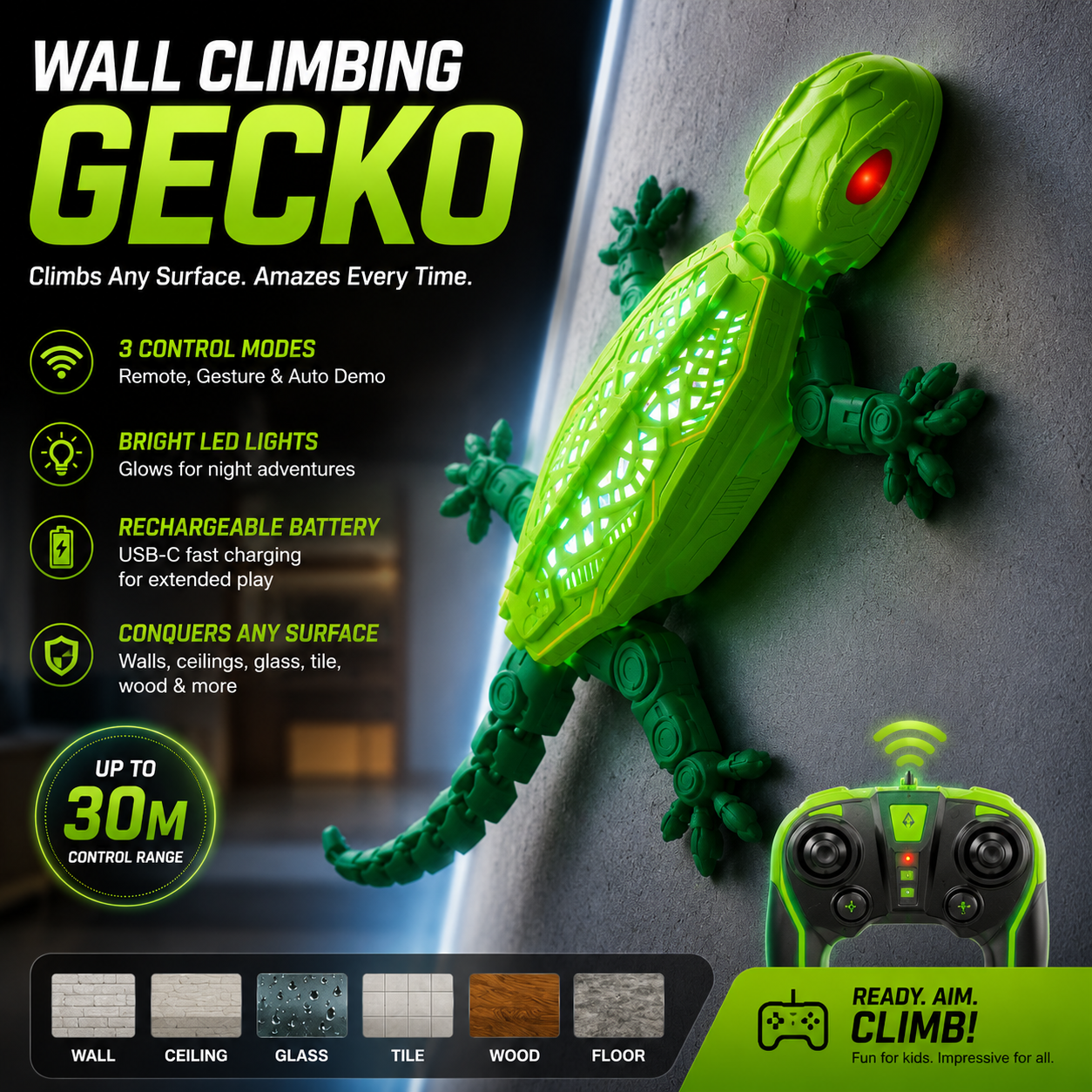 🦎 Gecko Rush Wall Climbing RC Toy | 2.4G Remote Control LED Lizard