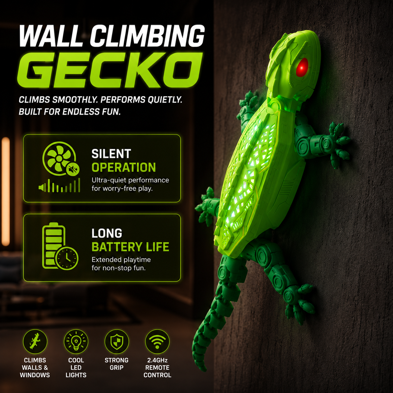 🦎 Gecko Rush Wall Climbing RC Toy | 2.4G Remote Control LED Lizard