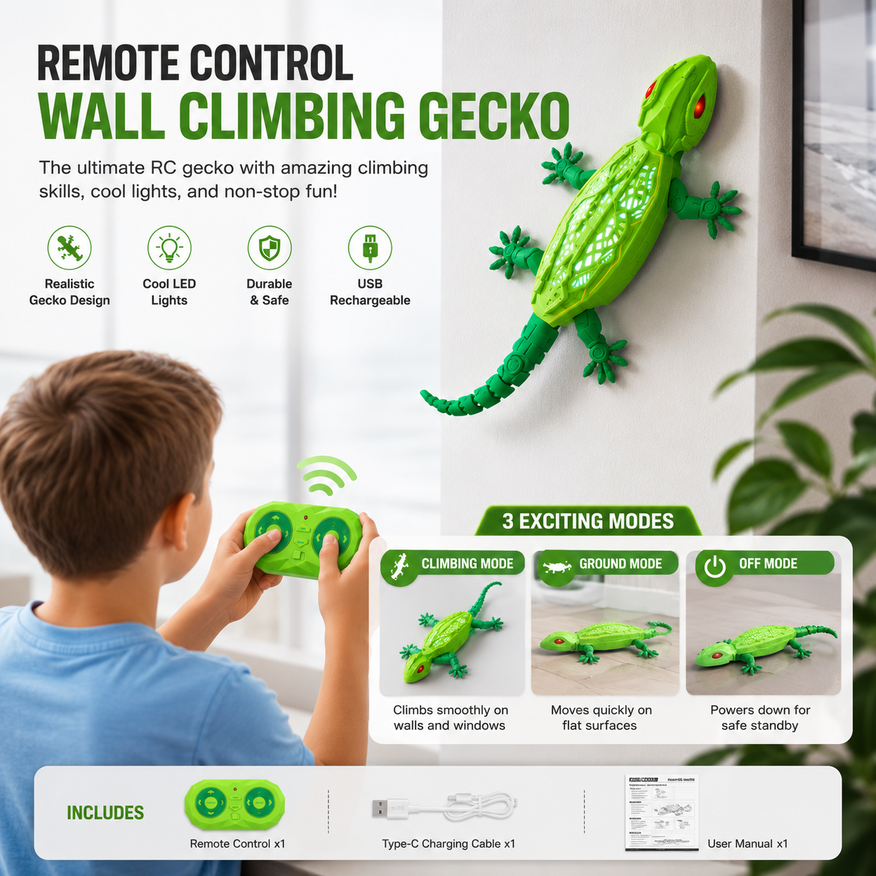 🦎 Gecko Rush Wall Climbing RC Toy | 2.4G Remote Control LED Lizard