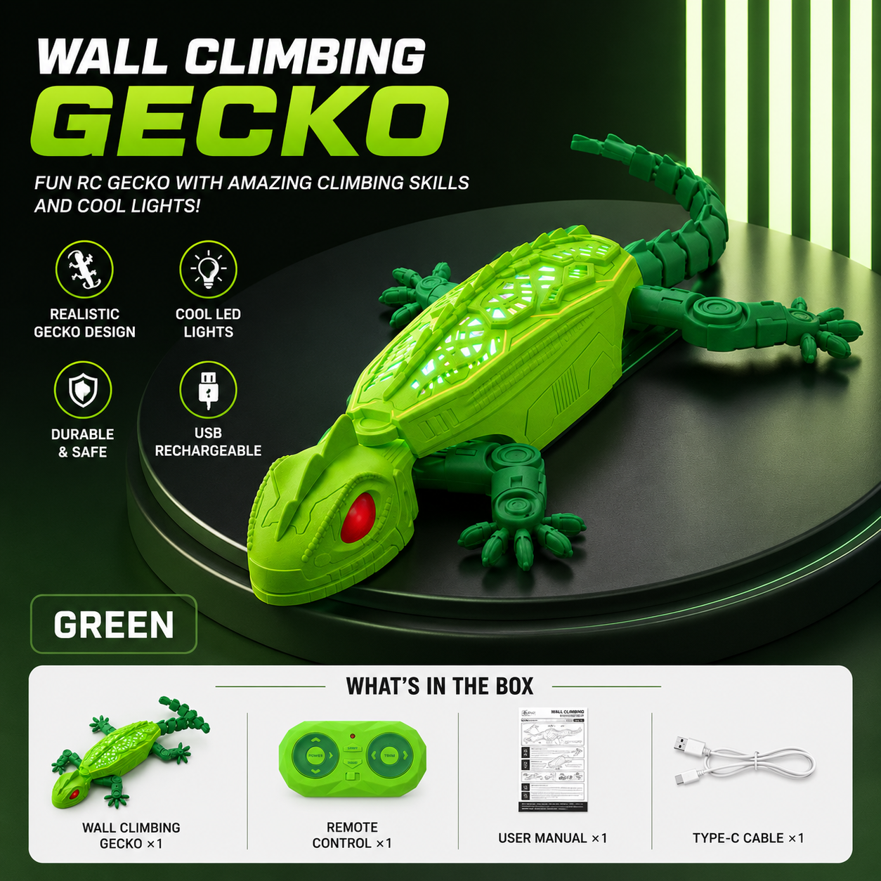 🦎 Gecko Rush Wall Climbing RC Toy | 2.4G Remote Control LED Lizard