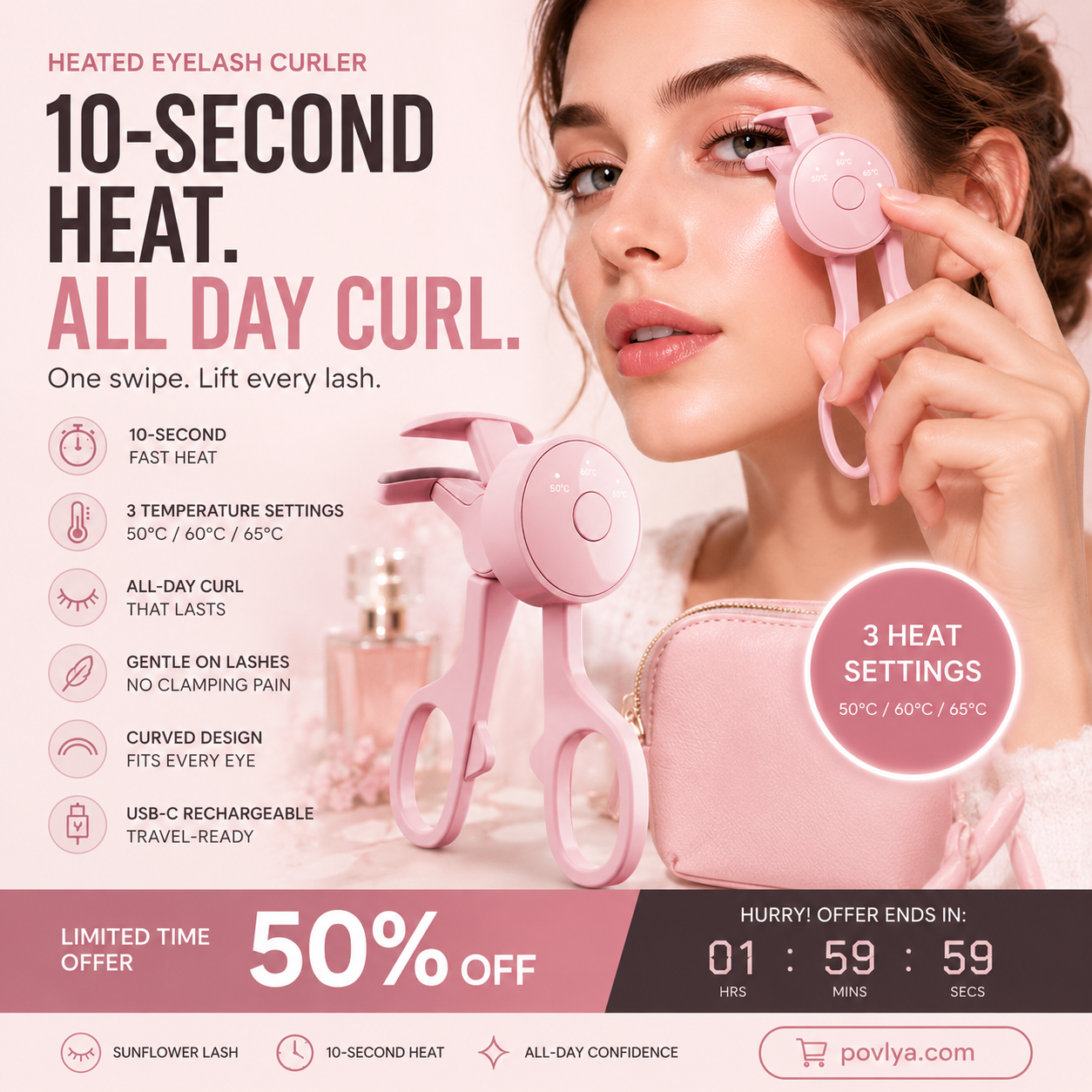 💗 Heated Eyelash Curler – 10-Second Heat, 3 Temp Settings & USB-C Rechargeable ✨