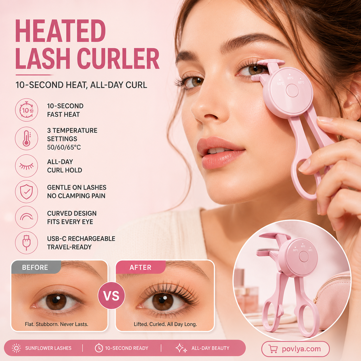 💗 Heated Eyelash Curler – 10-Second Heat, 3 Temp Settings & USB-C Rechargeable ✨