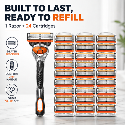 🪒 6-Blade Razor Set – 📦 48 Refills Included – Smooth Glide, Precision Shave for Daily Grooming & Gifting