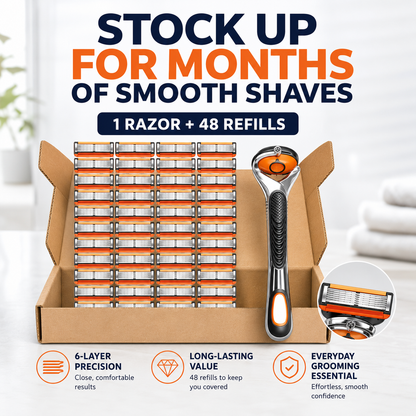 🪒 6-Blade Razor Set – 📦 48 Refills Included – Smooth Glide, Precision Shave for Daily Grooming & Gifting