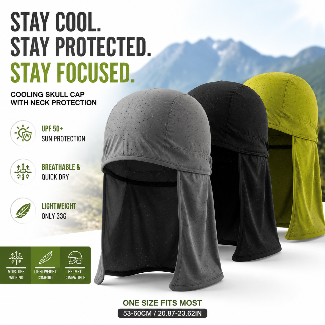 ☀️🔥3-Pack Cooling Skull Cap with Neck Shade – Breathable Sun Protection Work Hat for Outdoor Use