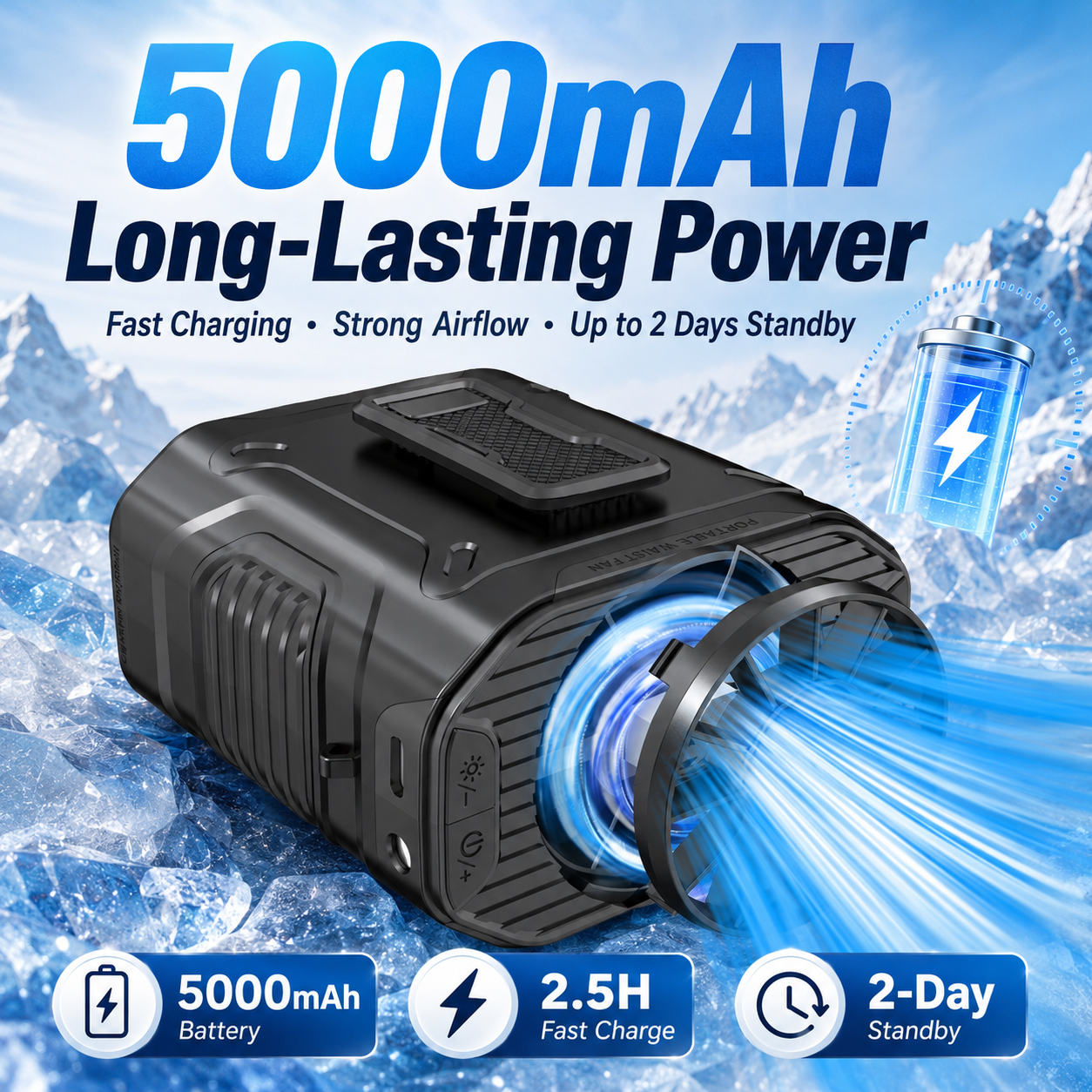 🔥 Rechargeable High-Speed Waist Fan | Power Bank & LED Light