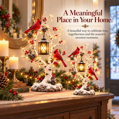 ❤️ Cardinal Winter Lantern Tree™ – Lighted Snowy Birch Tree with Red Cardinals & Hanging Lantern ✨