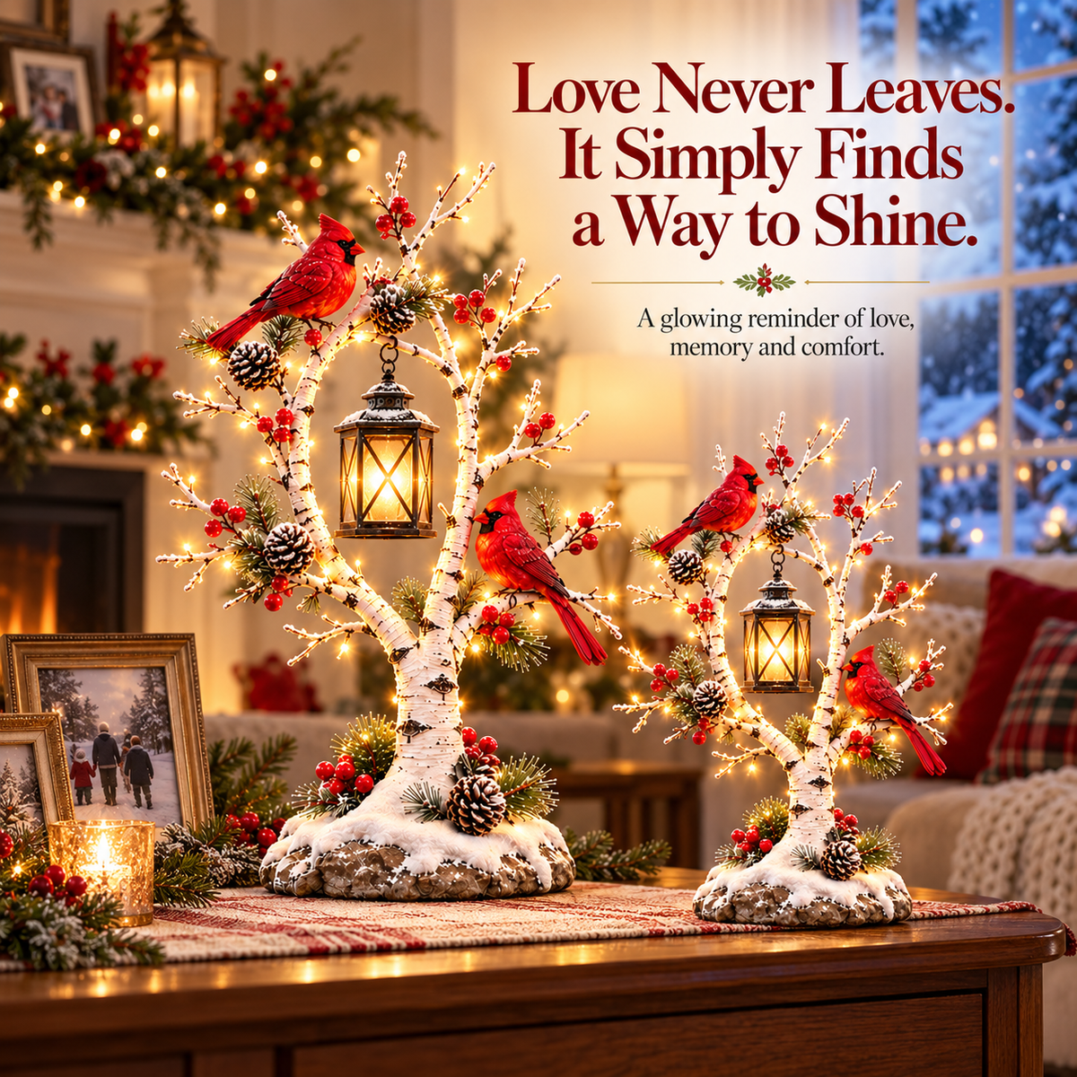 ❤️ Cardinal Winter Lantern Tree™ – Lighted Snowy Birch Tree with Red Cardinals & Hanging Lantern ✨