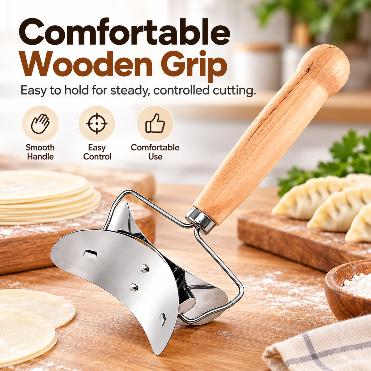 🥟 Stainless Steel Dumpling Wrapper Cutter - Wooden Handle Dough Stamp Roller Tool 🥟