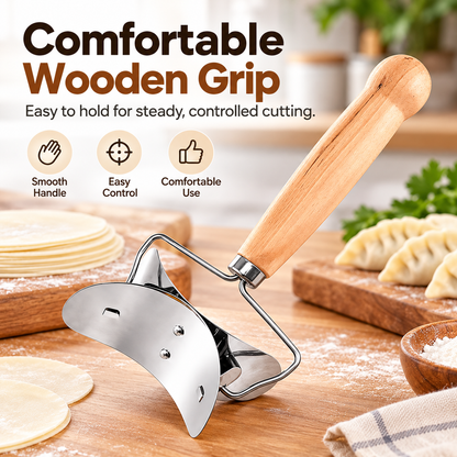 🥟 Stainless Steel Dumpling Wrapper Cutter - Wooden Handle Dough Stamp Roller Tool 🥟