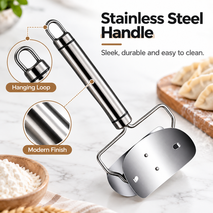 🥟 Stainless Steel Dumpling Wrapper Cutter - Wooden Handle Dough Stamp Roller Tool 🥟