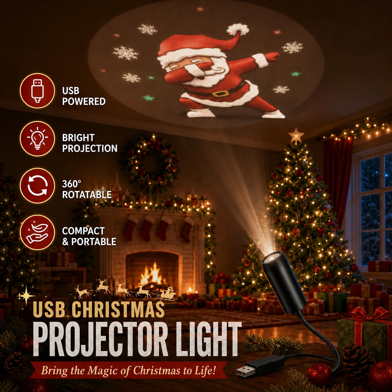 🎄 HD Magic Christmas Ceiling & Wall Projector – 360° USB Holiday Star Light ✨