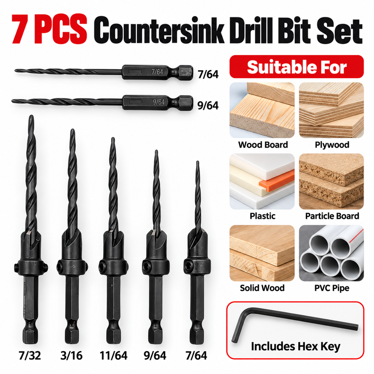 15-Piece Countersink Drill Bit Set – 1/4' Hex Shank, Depth Stop & Quick-Change Design