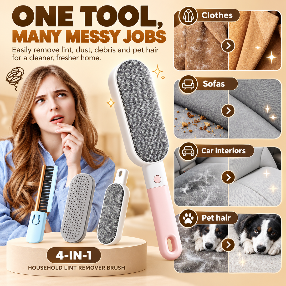 🧺 4-in-1 Clothes Lint Remover Brush – Double-Sided Fabric & Pet Hair Cleaner ✨
