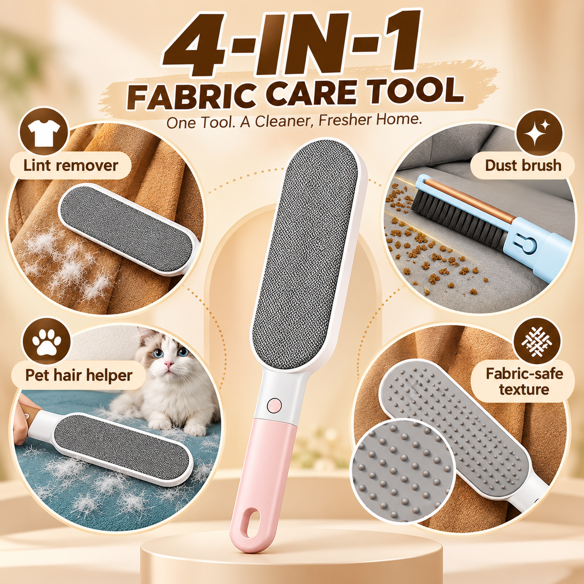 🧺 4-in-1 Clothes Lint Remover Brush – Double-Sided Fabric & Pet Hair Cleaner ✨