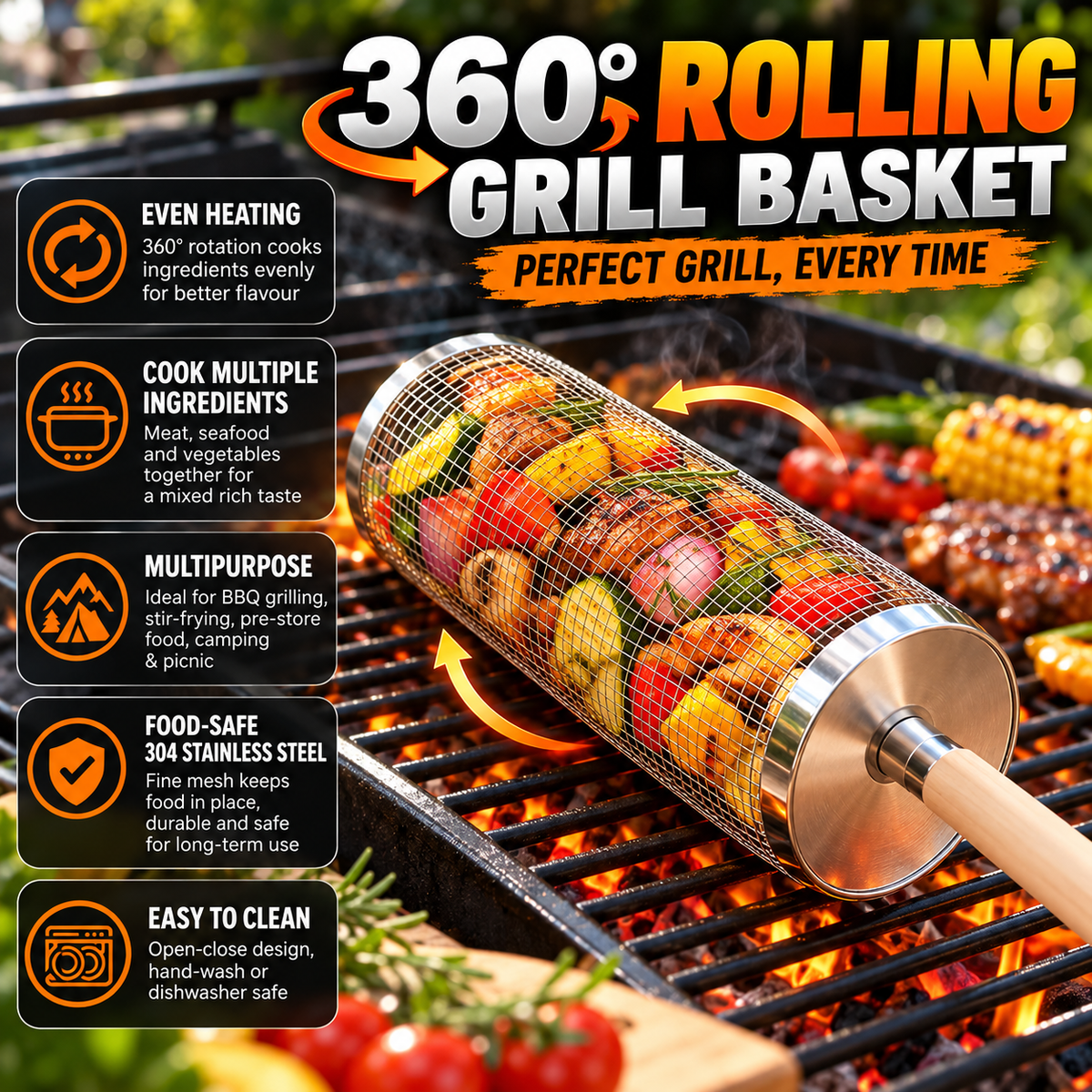 🔥 Rolling Grill Basket 360° Rotating BBQ Mesh Cylinder 🥩