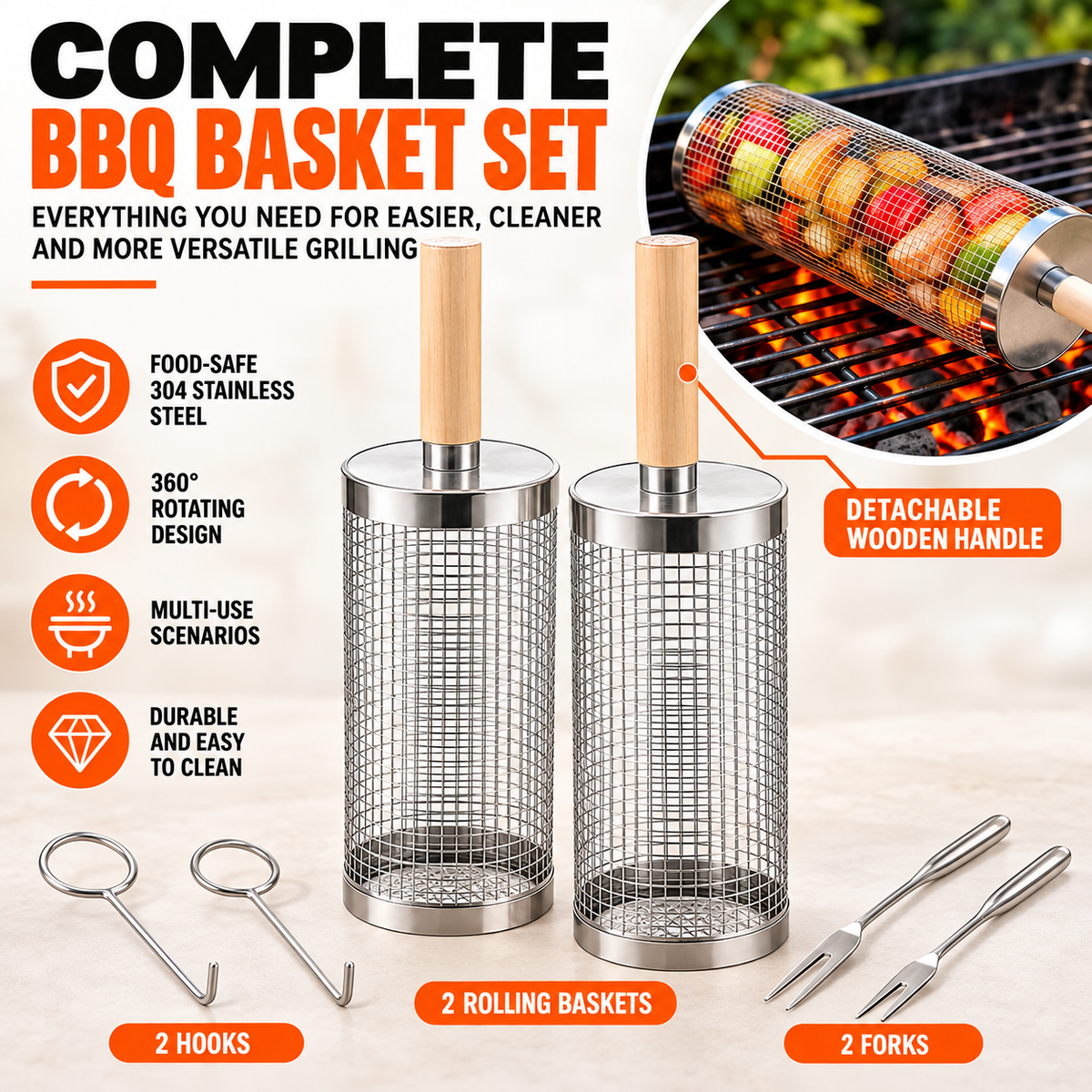 🔥 Rolling Grill Basket 360° Rotating BBQ Mesh Cylinder 🥩