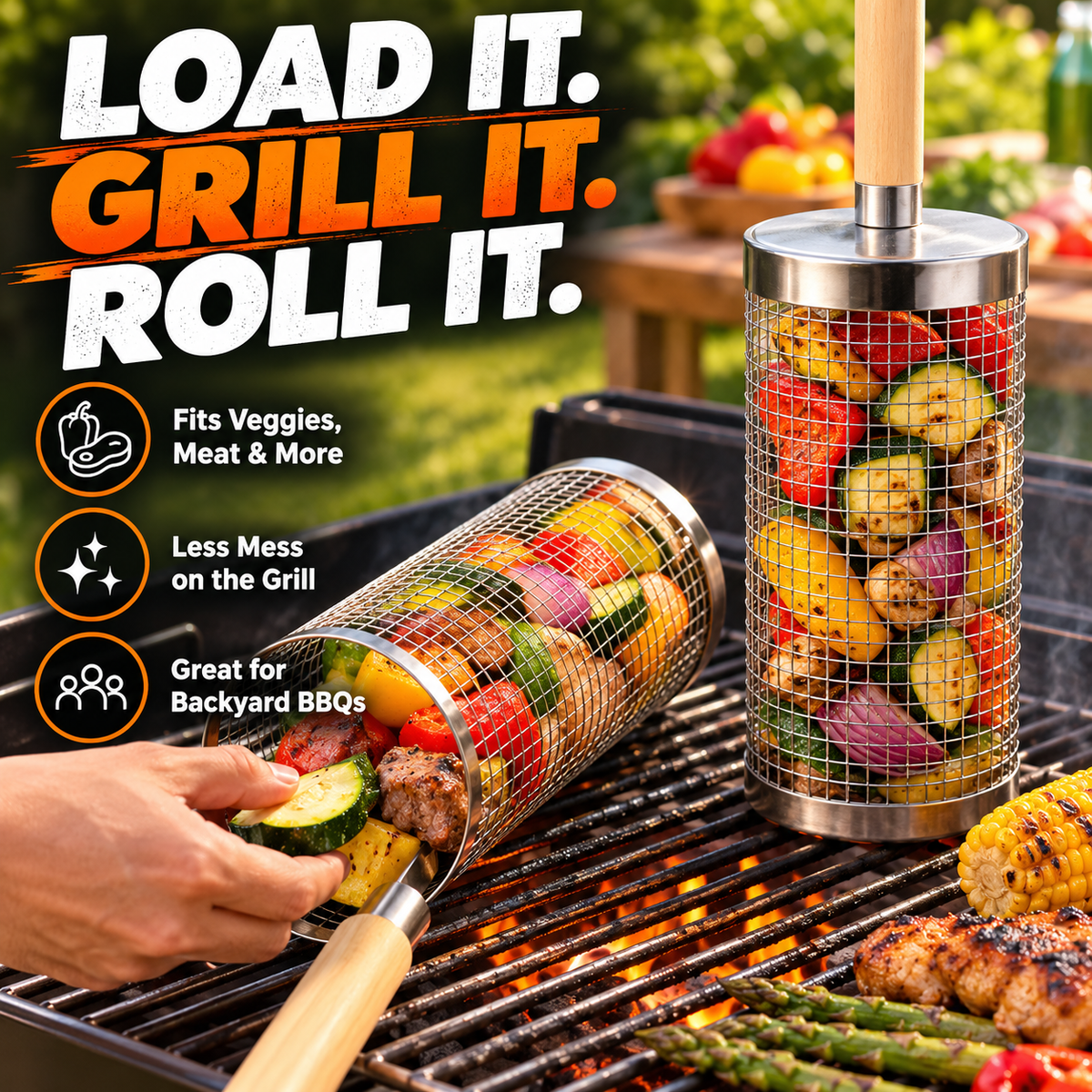 🔥 Rolling Grill Basket 360° Rotating BBQ Mesh Cylinder 🥩