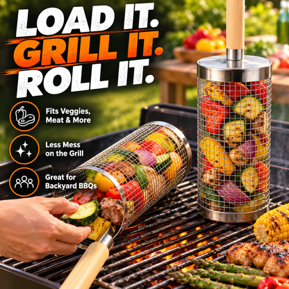 🔥 Rolling Grill Basket 360° Rotating BBQ Mesh Cylinder 🥩