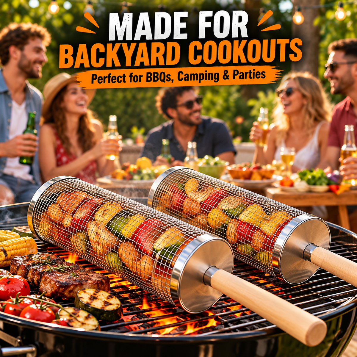 🔥 Rolling Grill Basket 360° Rotating BBQ Mesh Cylinder 🥩