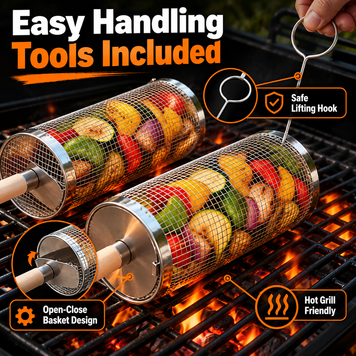 🔥 Rolling Grill Basket 360° Rotating BBQ Mesh Cylinder 🥩