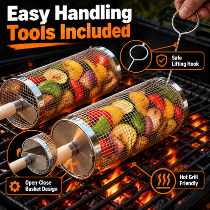 🔥 Rolling Grill Basket 360° Rotating BBQ Mesh Cylinder 🥩
