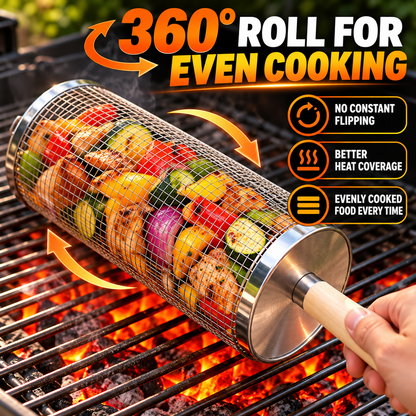 🔥 Rolling Grill Basket 360° Rotating BBQ Mesh Cylinder 🥩