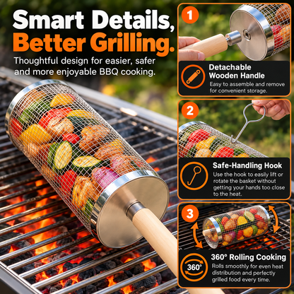 🔥 Rolling Grill Basket 360° Rotating BBQ Mesh Cylinder 🥩